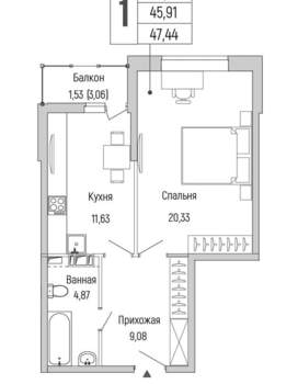 1-к квартира, вторичка, 47м2, 9/9 этаж