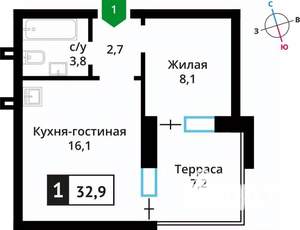 1-к квартира, вторичка, 33м2, 1/6 этаж