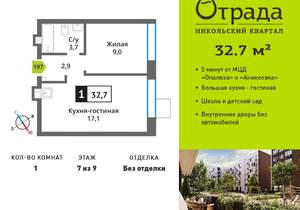 1-к квартира, вторичка, 33м2, 7/9 этаж