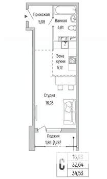 Студия квартира, вторичка, 35м2, 8/9 этаж
