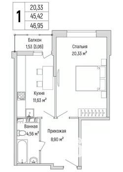 1-к квартира, вторичка, 47м2, 9/9 этаж