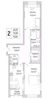 2-к квартира, вторичка, 76м2, 4/9 этаж