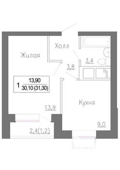 1-к квартира, строящийся дом, 31м2, 1/4 этаж