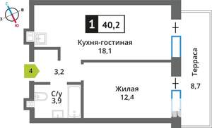 1-к квартира, вторичка, 40м2, 1/9 этаж