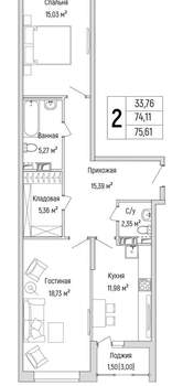 2-к квартира, вторичка, 76м2, 6/9 этаж