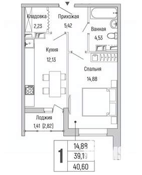 1-к квартира, вторичка, 41м2, 8/9 этаж