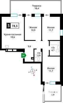 3-к квартира, вторичка, 78м2, 1/6 этаж