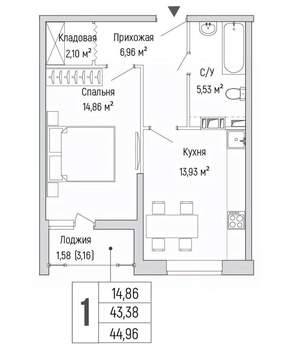 1-к квартира, вторичка, 45м2, 4/9 этаж