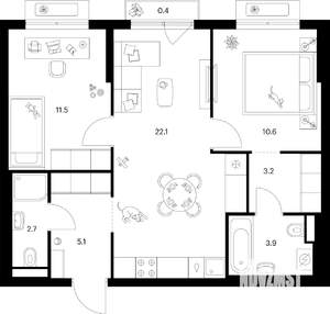 2-к квартира, вторичка, 60м2, 4/9 этаж