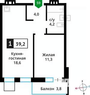 1-к квартира, вторичка, 39м2, 6/6 этаж
