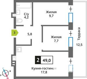1-к квартира, строящийся дом, 49м2, 1/9 этаж