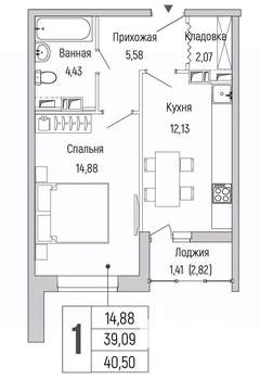 1-к квартира, вторичка, 41м2, 6/9 этаж