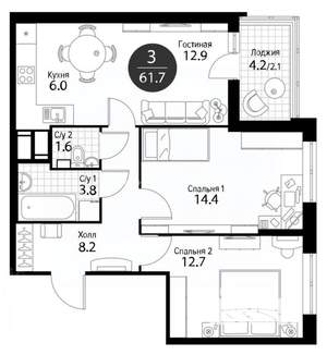 3-к квартира, вторичка, 62м2, 13/27 этаж