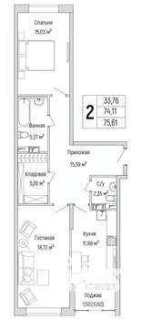2-к квартира, вторичка, 76м2, 5/9 этаж