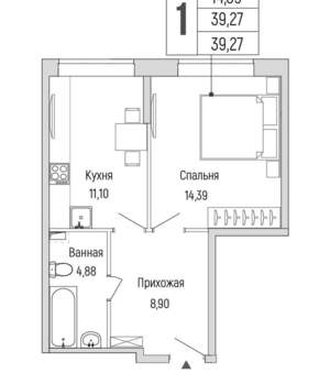 1-к квартира, вторичка, 39м2, 1/9 этаж