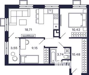 2-к квартира, строящийся дом, 56м2, 22/28 этаж