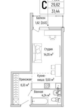 Студия квартира, вторичка, 31м2, 5/9 этаж