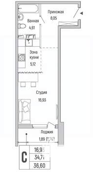 Студия квартира, вторичка, 37м2, 6/9 этаж