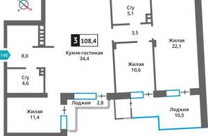 3-к квартира, вторичка, 106м2, 3/6 этаж