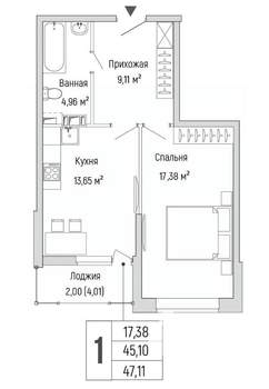 1-к квартира, вторичка, 47м2, 6/9 этаж