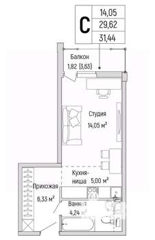 Студия квартира, вторичка, 31м2, 5/9 этаж