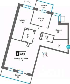 3-к квартира, вторичка, 101м2, 4/4 этаж
