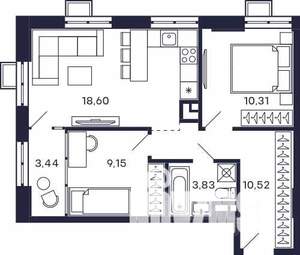 2-к квартира, строящийся дом, 56м2, 6/28 этаж