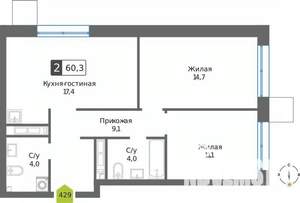 2-к квартира, вторичка, 60м2, 7/32 этаж