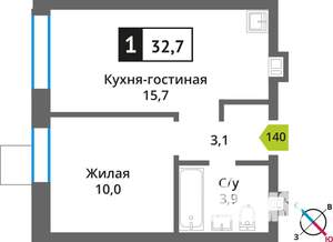 1-к квартира, строящийся дом, 33м2, 9/9 этаж