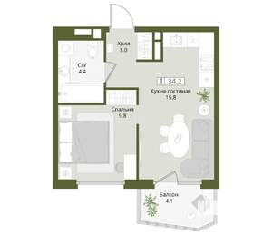 1-к квартира, вторичка, 34м2, 8/8 этаж