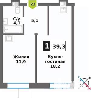 1-к квартира, вторичка, 39м2, 5/9 этаж