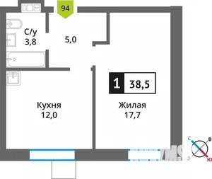1-к квартира, вторичка, 39м2, 6/9 этаж