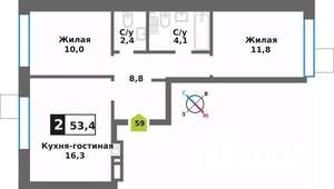2-к квартира, вторичка, 53м2, 4/9 этаж
