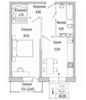 1-к квартира, вторичка, 49м2, 4/9 этаж