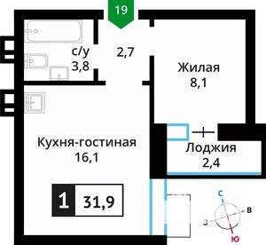 1-к квартира, вторичка, 32м2, 5/6 этаж