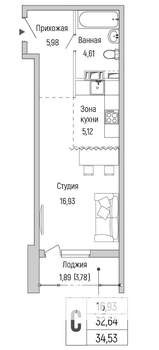Студия квартира, вторичка, 35м2, 8/9 этаж