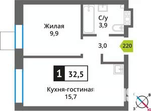 1-к квартира, строящийся дом, 33м2, 3/9 этаж