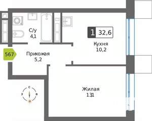 1-к квартира, вторичка, 33м2, 16/32 этаж