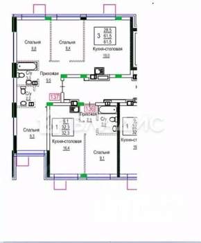 3-к квартира, сданный дом, 62м2, 9/9 этаж