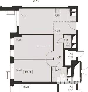 2-к квартира, вторичка, 60м2, 29/31 этаж