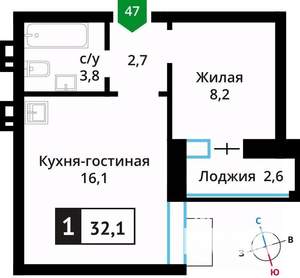 1-к квартира, вторичка, 32м2, 5/6 этаж