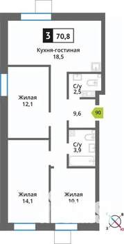 3-к квартира, вторичка, 71м2, 4/9 этаж