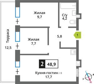 1-к квартира, вторичка, 49м2, 1/9 этаж