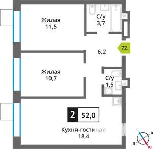 2-к квартира, вторичка, 52м2, 6/9 этаж