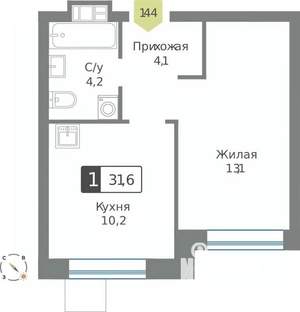 1-к квартира, строящийся дом, 32м2, 9/9 этаж