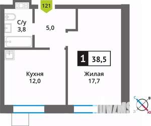 1-к квартира, вторичка, 39м2, 9/9 этаж