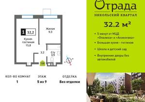 1-к квартира, вторичка, 32м2, 5/9 этаж