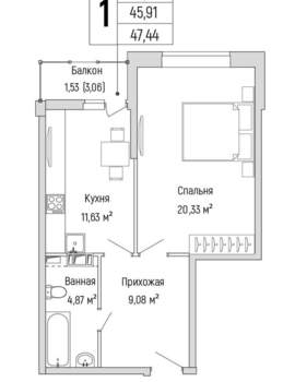 1-к квартира, вторичка, 47м2, 2/9 этаж