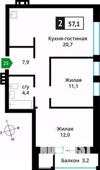 2-к квартира, вторичка, 57м2, 6/6 этаж