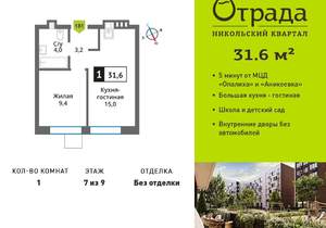 1-к квартира, вторичка, 32м2, 7/9 этаж